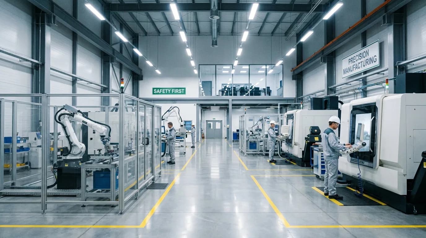 Lantai pabrik presisi dengan lengan robot, mesin CNC, dan pekerja berhelm putih.