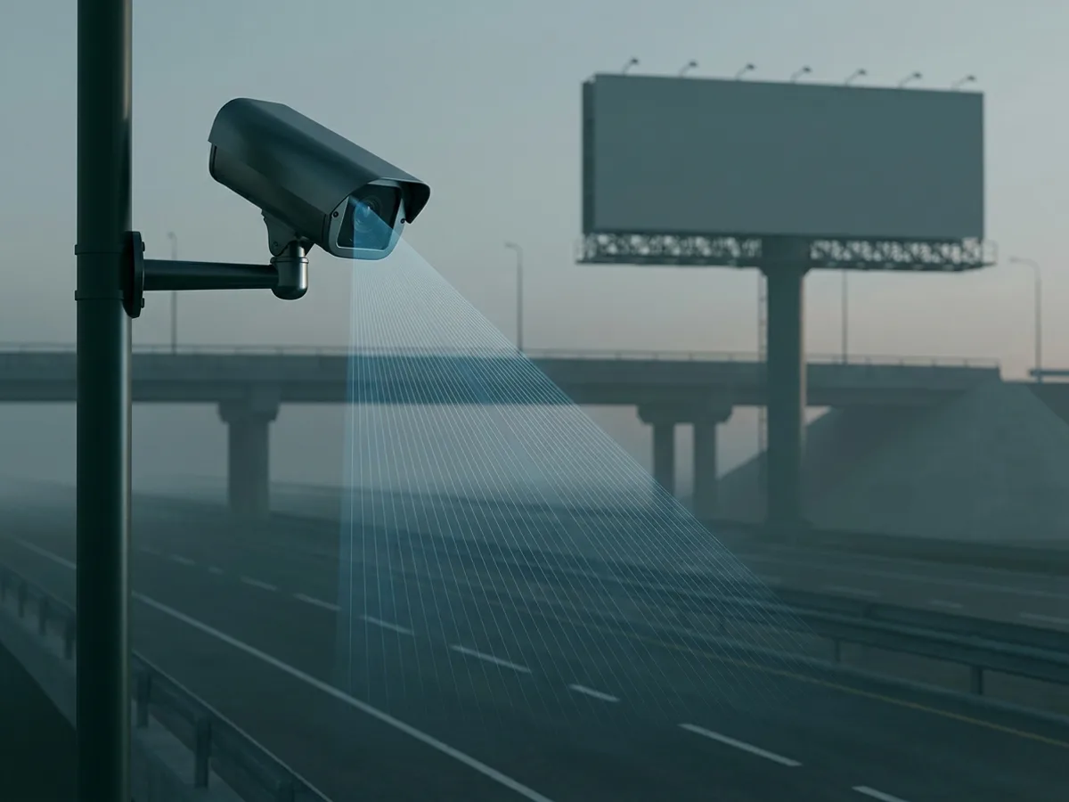 A pole-mounted CCTV camera facing a highway with a billboard in the distance, a blue scanning cone spreading from its lens.