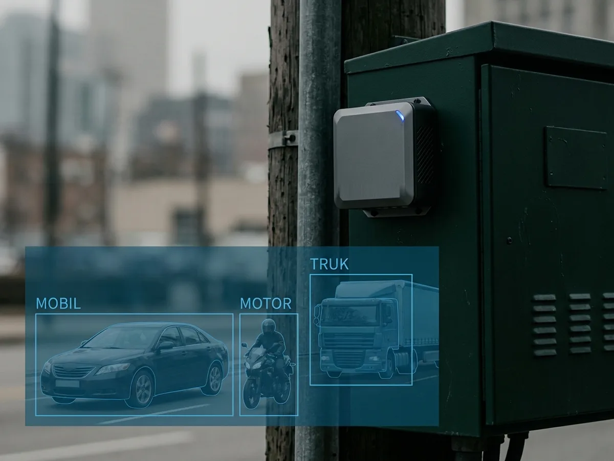 An edge device mounted on a roadside utility cabinet, with detection boxes labelled MOBIL, MOTOR and TRUK beneath it.