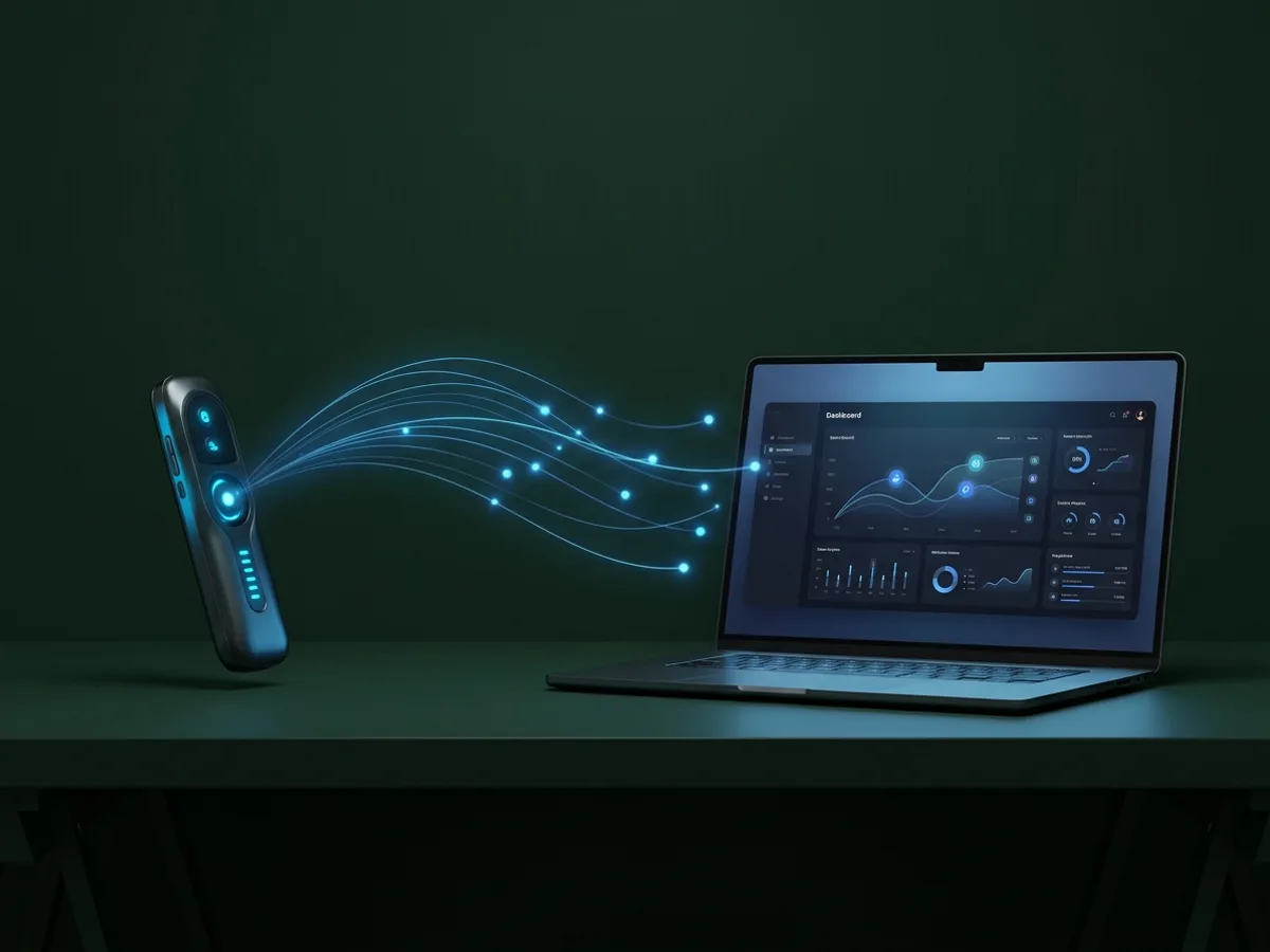 An edge device streaming glowing lines of data into a laptop showing a summary dashboard.