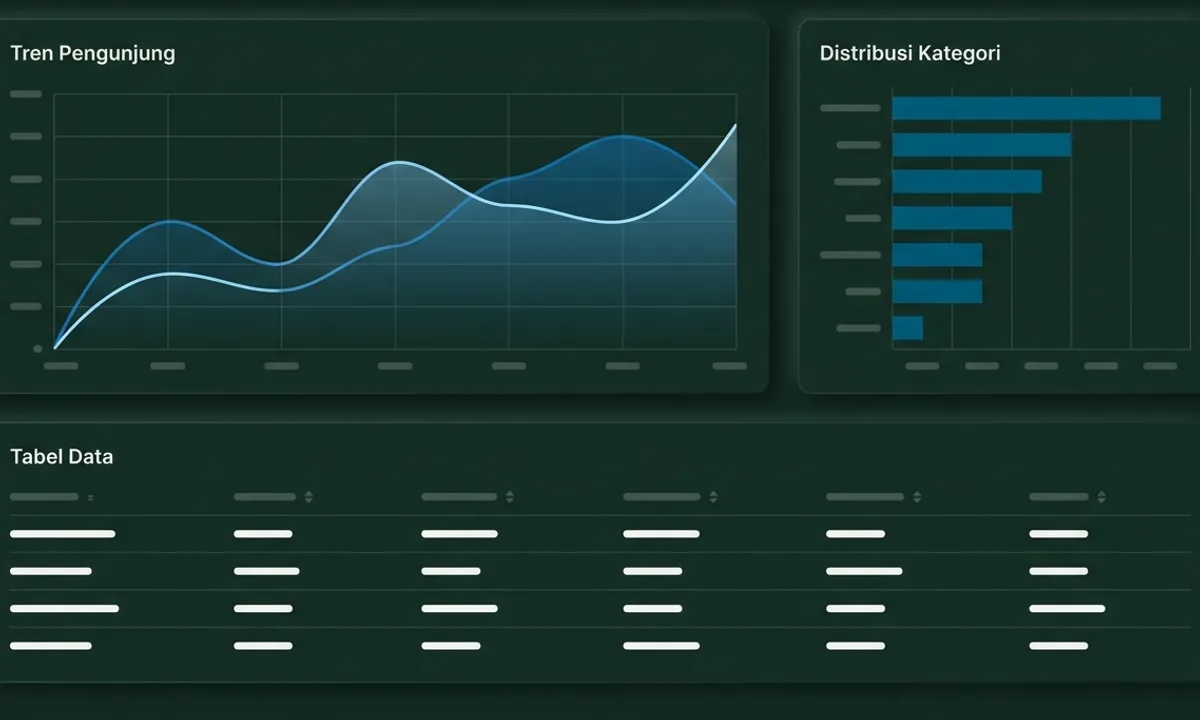A dark-themed analytics dashboard: a visitor trend chart, a category distribution chart, and a data table.