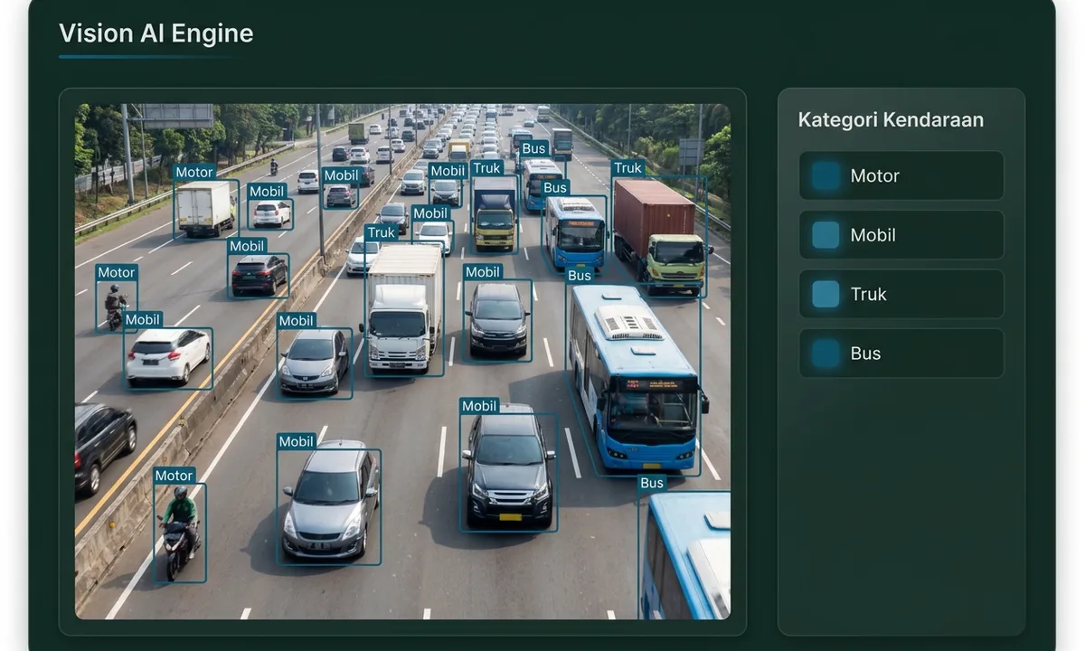 A highway traffic camera view with detection boxes around each vehicle, and a vehicle category panel on the right.