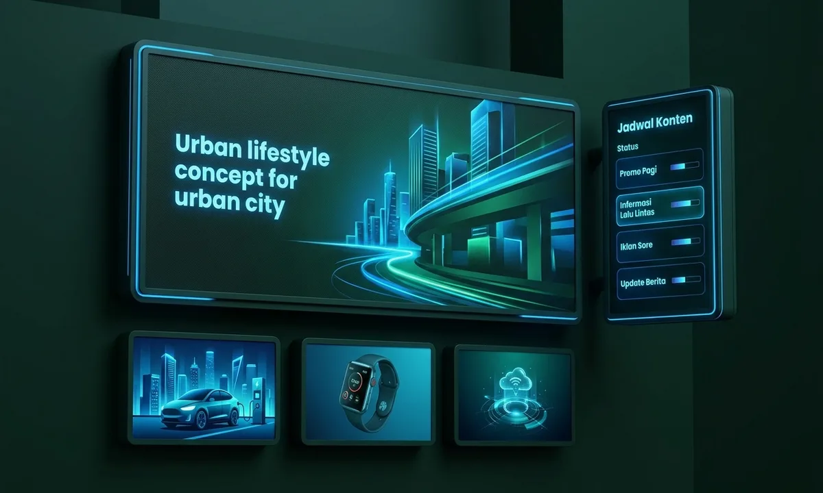 A digital billboard screen running one ad creative, with a content schedule panel beside it.