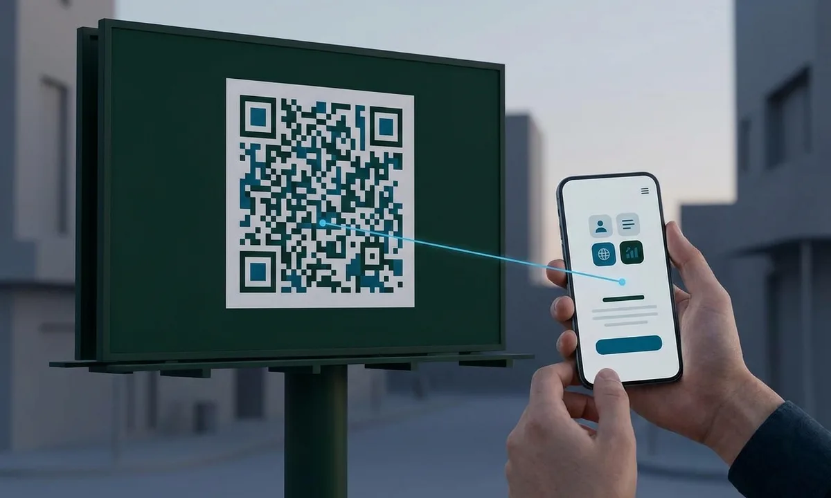A QR code on a billboard being scanned by a phone held in a pair of hands.