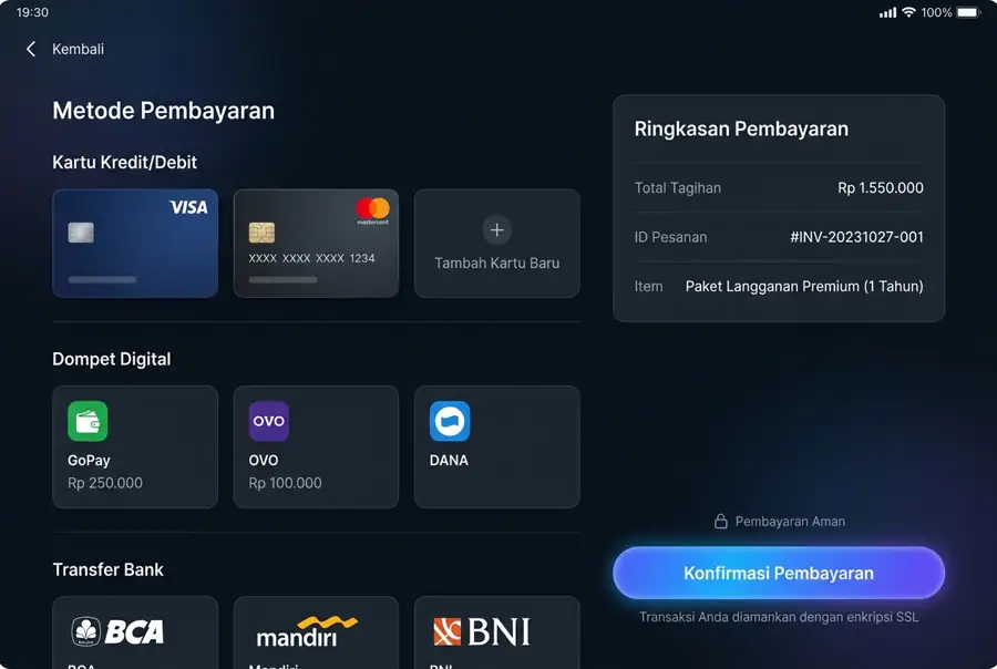A payment screen showing bank transfer and e-wallet options