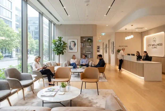 A bright, modern clinic waiting room