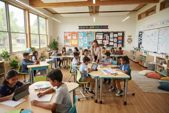 A modern school classroom with students at work